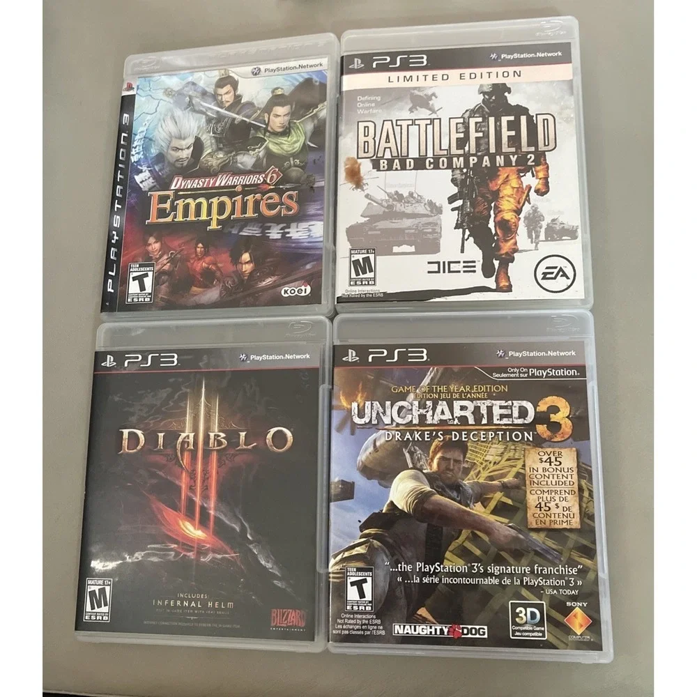 Lot of 4 Sony PS3 Games Uncharted 3 Battlefield Bad Co 2 Diablo Empires